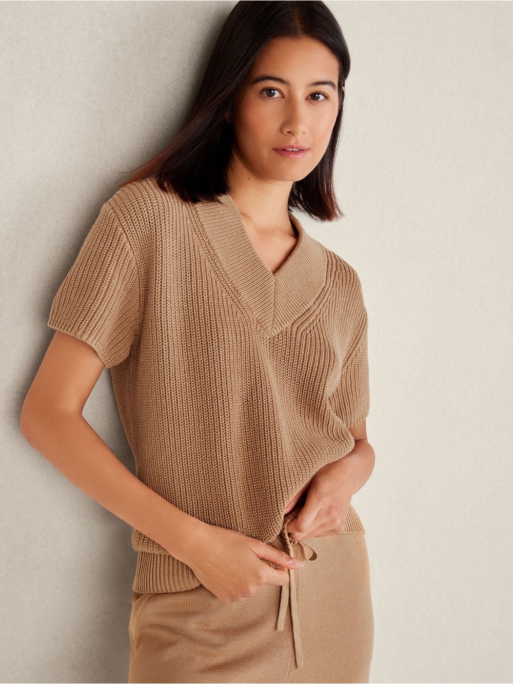 Talbots Short-Sleeve V-Neck Sweater in Camel